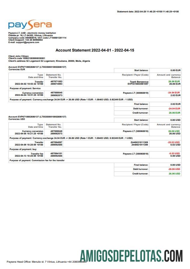Exemplo de Declaração Paysera da Lituânia